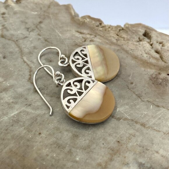 Sterling Silver 925 Round Mother Of Pearl MOP Scrollwork Accent Dangle Earrings - Picture 5 of 16